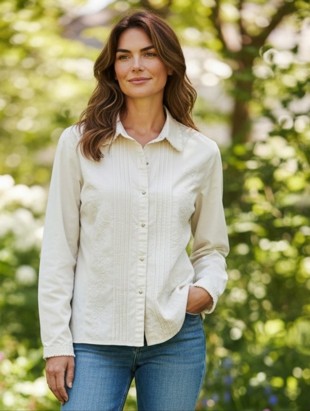 Vintage Lauren Ralph Lauren Cream Embroidered Cotton Button-Down Shirt - Women